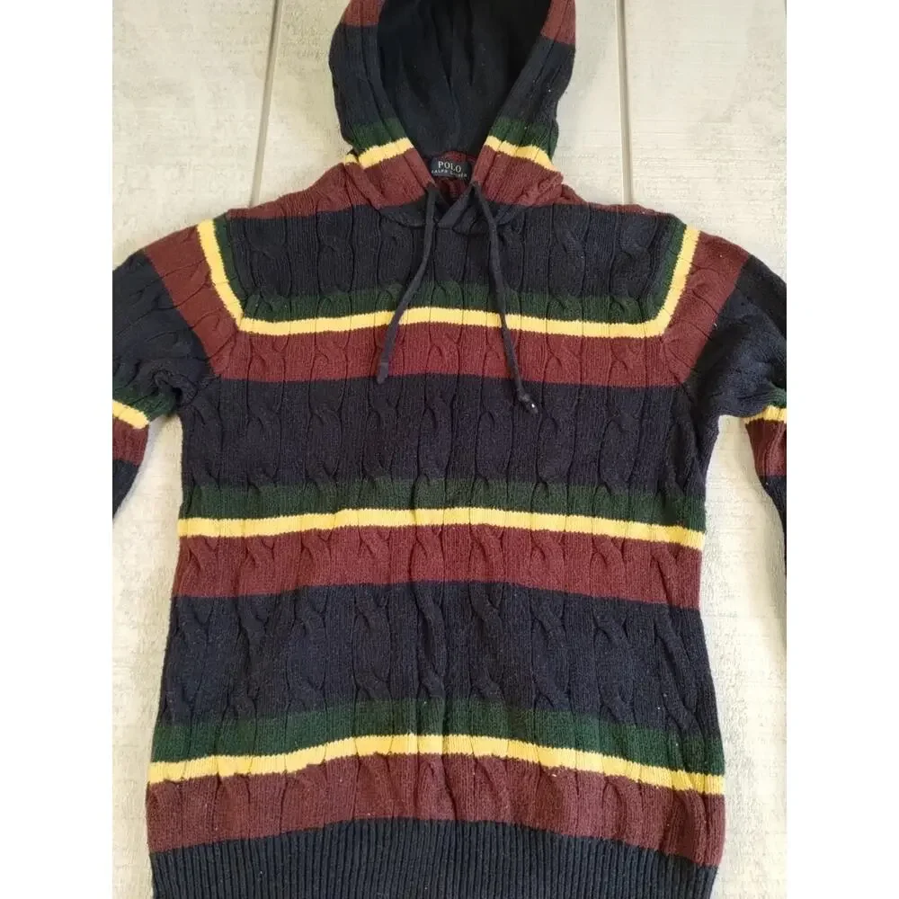 Polo Ralph Lauren St Andrews Rugby Cable Knit Hoodie Striped Sweater Men Size M